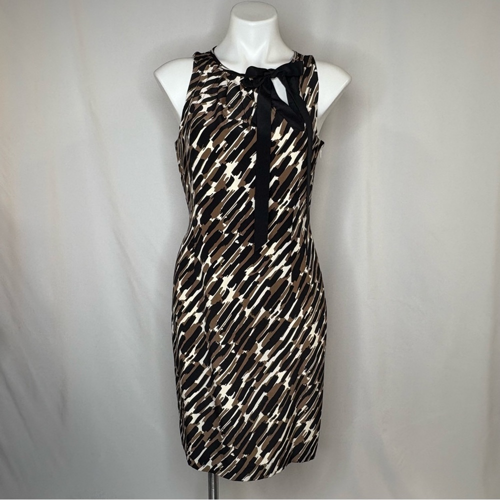 Ann Taylor Black and Cream Tie Collar Midi Sheath Dress, 8